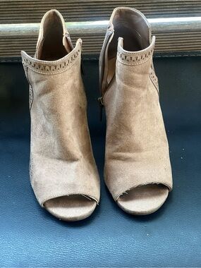 Peep-Toe Suede Mules in Taupe
